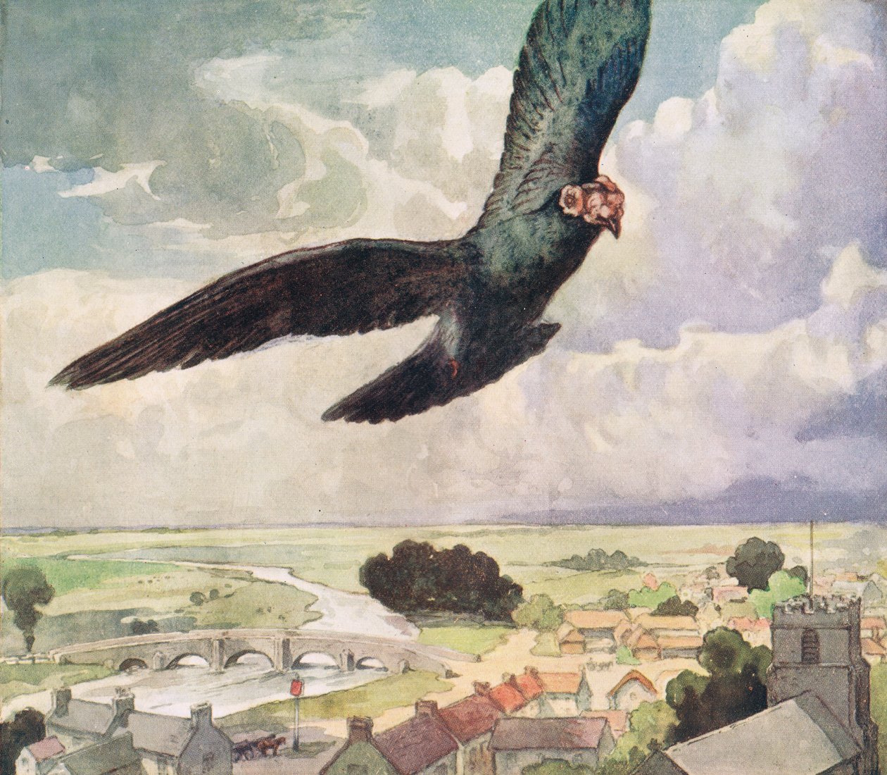 Fågel som flyger över en stad, illustration från "Hjälparna utan händer" av Gladys Davidson, publicerad 1919 (litho i färg) av John Edwin Noble