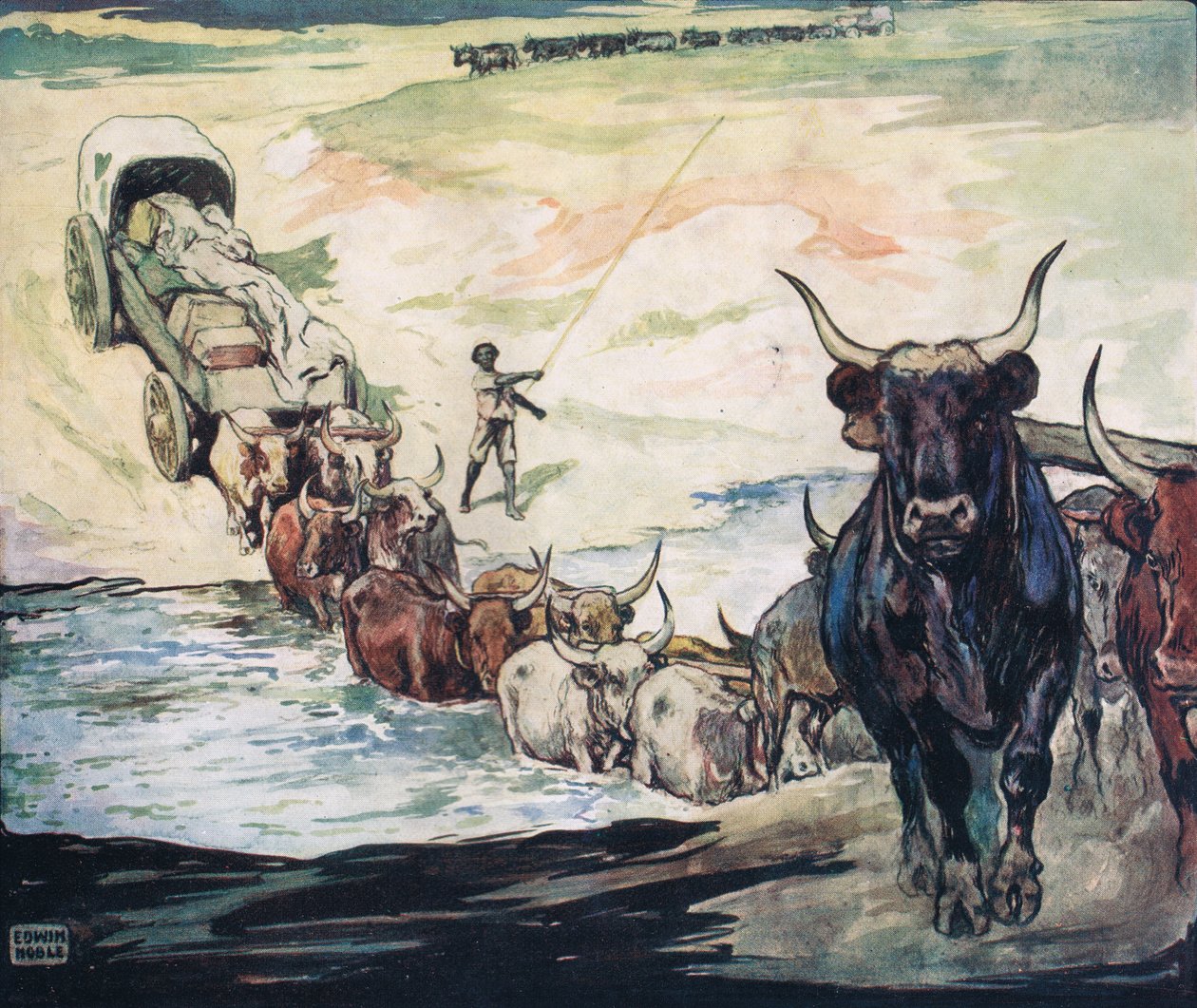 Crossing the river, illustration från "Hjälparna utan händer" av Gladys Davidson, publicerad 1919 (litho i färg) av John Edwin Noble