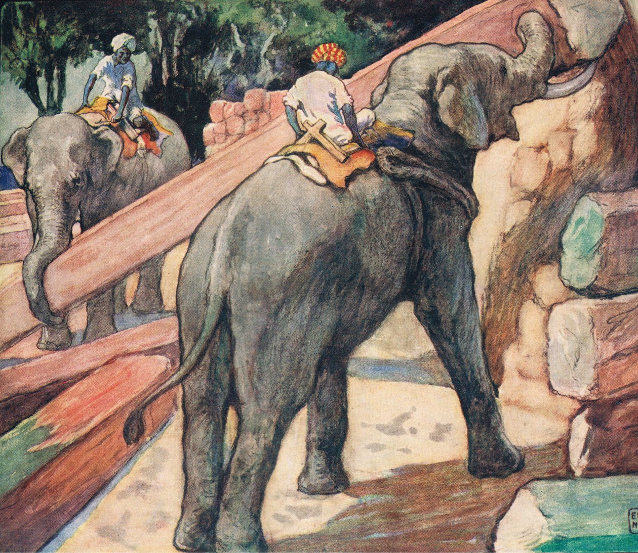 Elefanter som hanterar stockar, illustration från "Hjälparna utan händer" av Gladys Davidson, publicerad 1919 (lito i färg) av John Edwin Noble