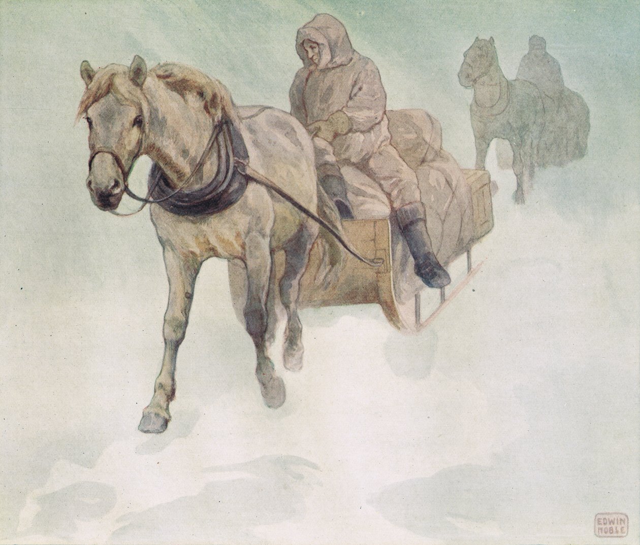 Hästdragen släde, illustration från "Hjälparna utan händer" av Gladys Davidson, publicerad 1919 (litho i färg) av John Edwin Noble