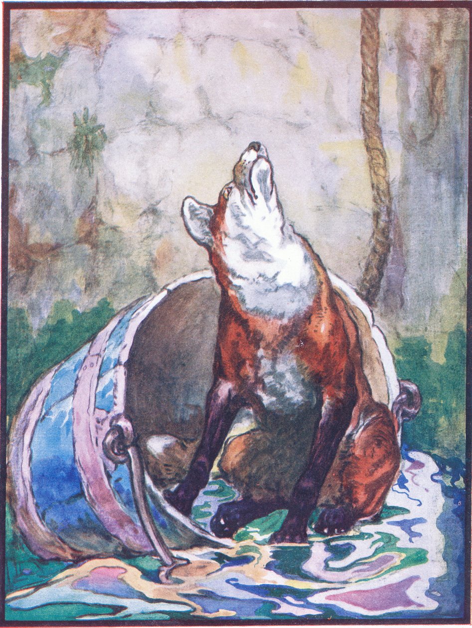 "I am Not Well and Suffer Greatly Good Aunt", illustration för "Reynard the Fox", från "Animal Legends from Many Lands", publicerad av Raphael Tuck & Sons Ltd. (lito i färg) av John Edwin Noble