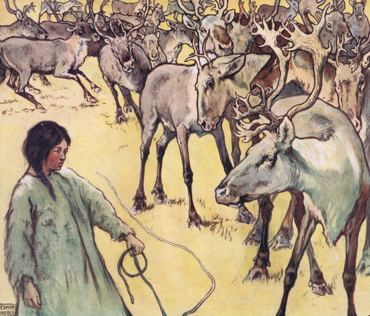Älgflock, illustration från "Hjälparna utan händer" av Gladys Davidson, publicerad 1919 (lito i färg) av John Edwin Noble