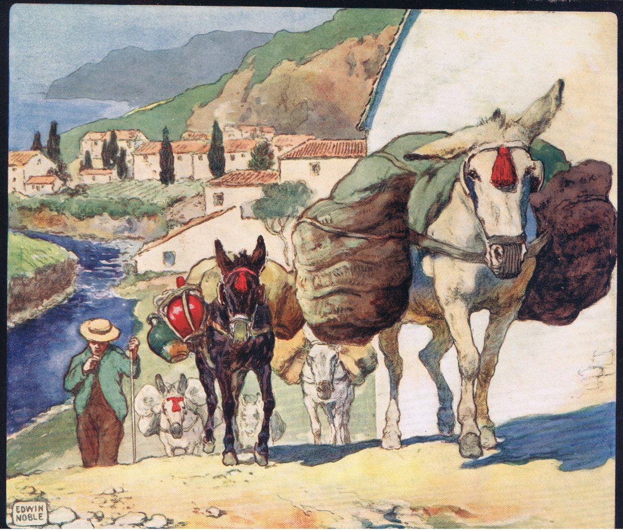 Mulor på ett spanskt pass, illustration från "Hjälparna utan händer" av Gladys Davidson, publicerad 1919 (lito i färg) av John Edwin Noble
