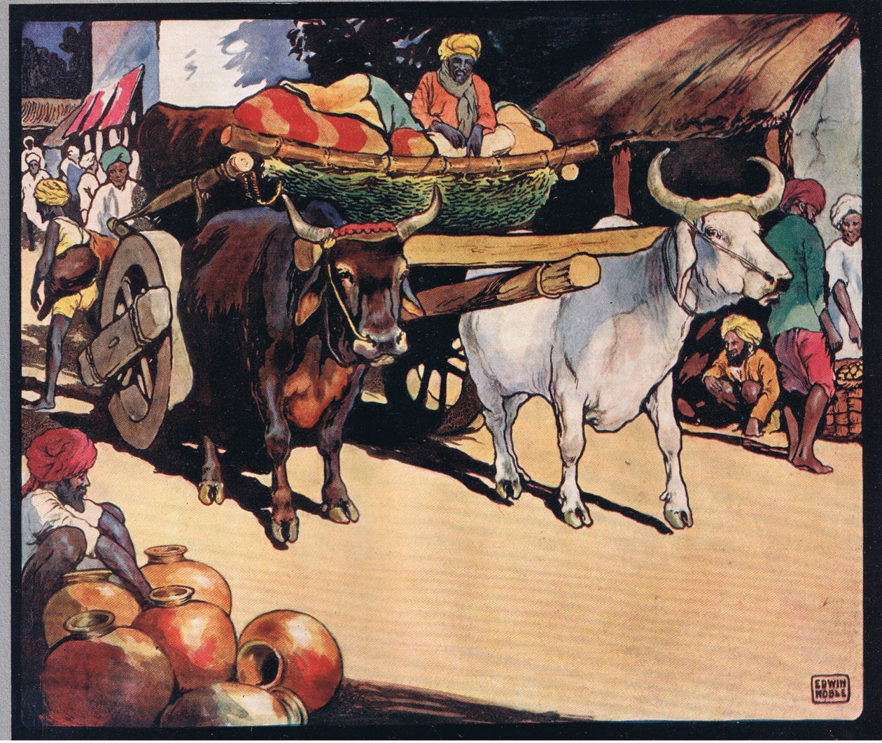 Oxar som drar en vagn, illustration från "Hjälparna utan händer" av Gladys Davidson, publicerad 1919 (litho i färg) av John Edwin Noble