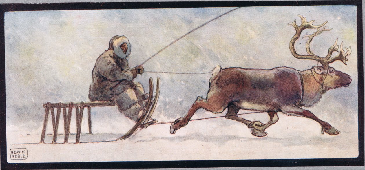 Renar och släde, illustration från "Hjälparna utan händer" av Gladys Davidson, publicerad 1919 (lito i färg) av John Edwin Noble