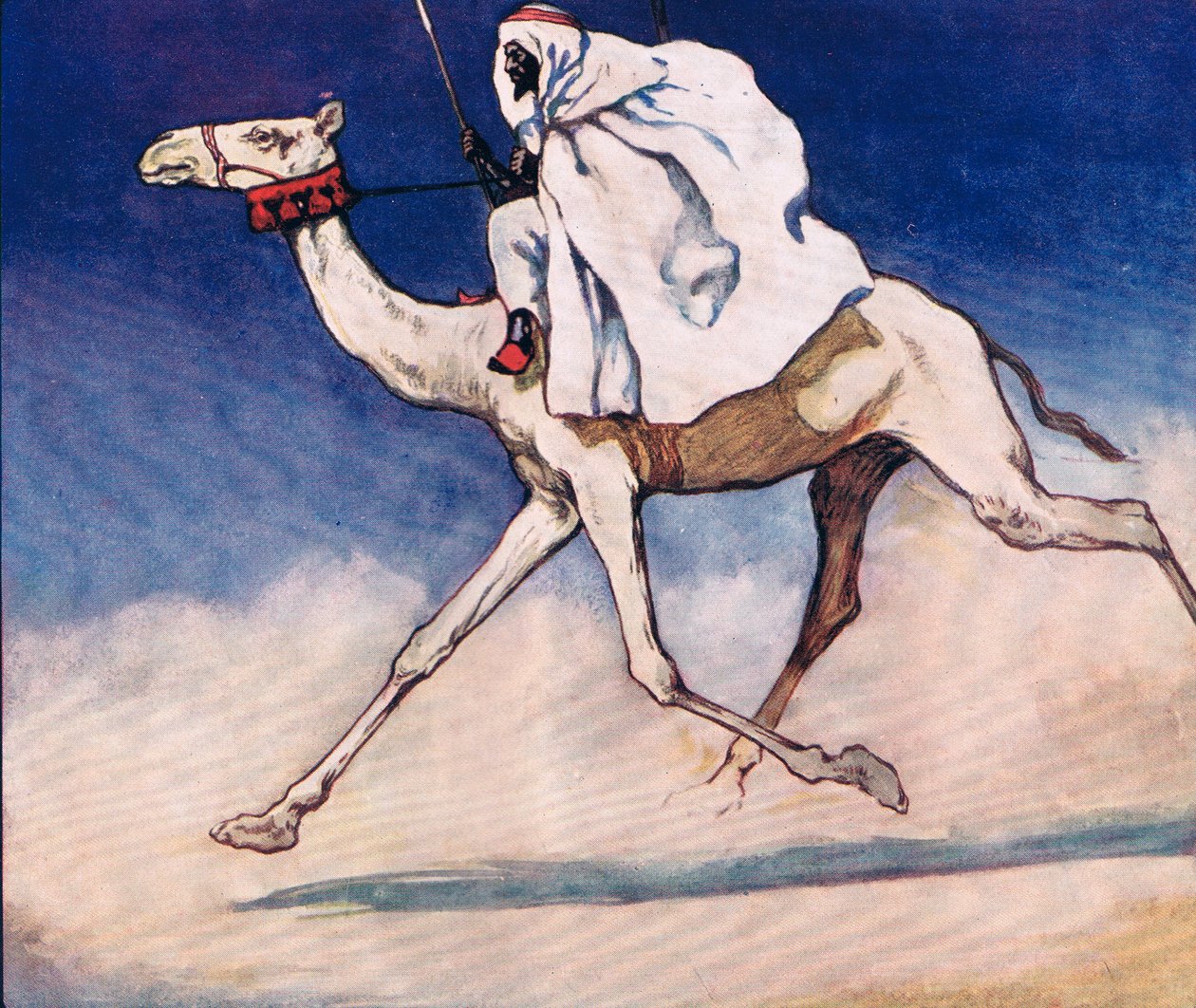 Riding a camel, illustration från "Helpers Without Hands" av Gladys Davidson, publicerad 1919 (litho i färg) av John Edwin Noble