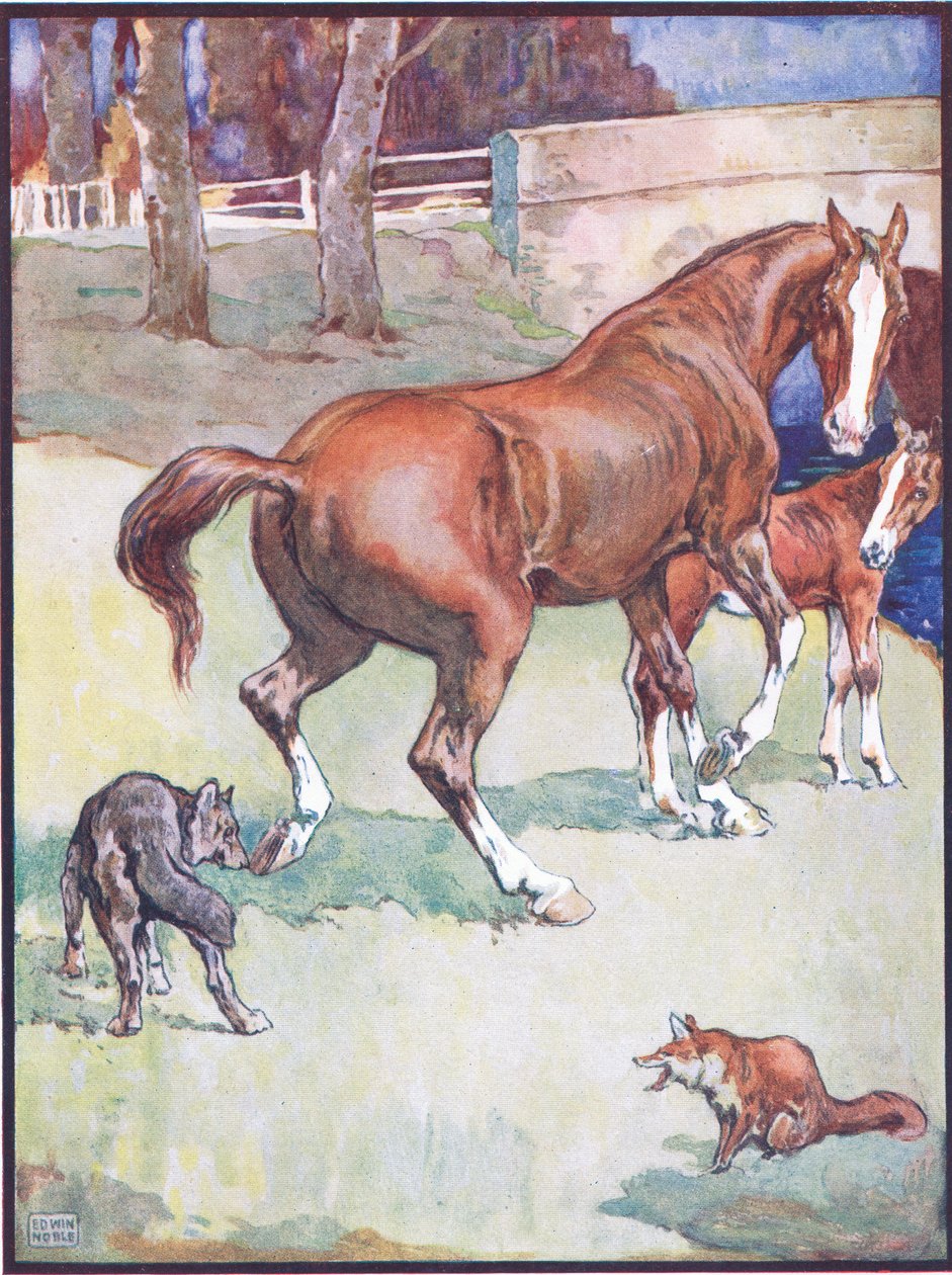 The Mare Lifted Her Hoof, illustration till Reynard the Fox, från Animal Legends from Many Lands, utgiven av Raphael Tuck & Sons Ltd. av John Edwin Noble