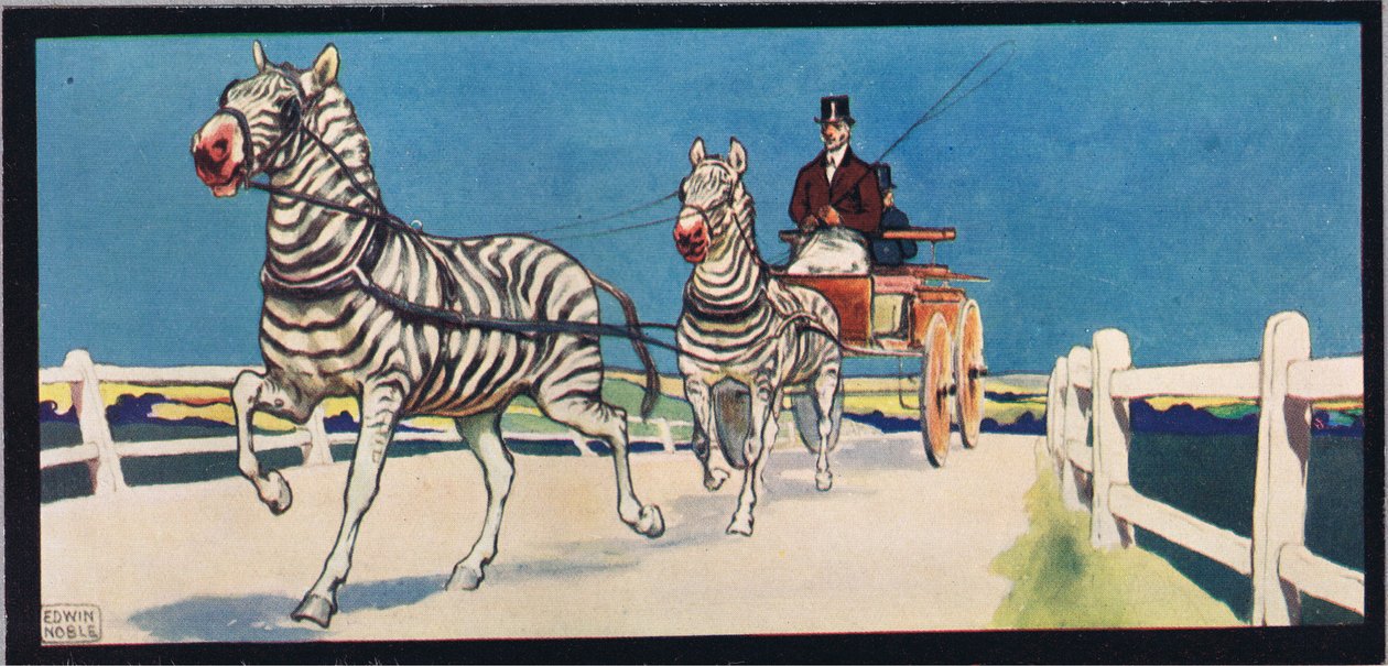 カートを引っ張るシマウマ、1919年に出版されたGladys Davidsonによる「Helpers Without Hands」のイラスト（カラーリソ）スウェーデン語 av John Edwin Noble