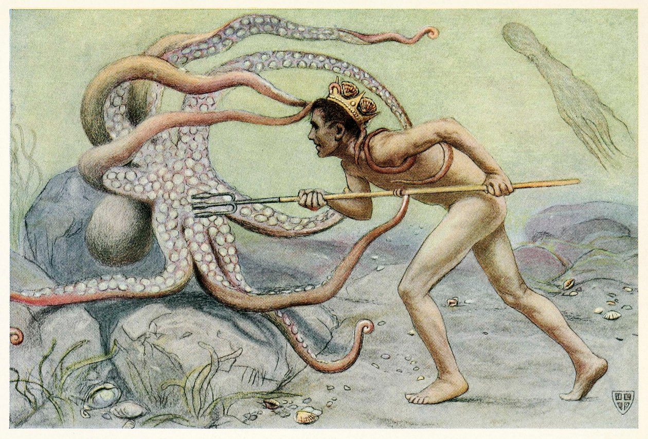 Han var väldigt modig och stark … och kämpade med den stora bläckfisken från The Great Sea Horse, 1909. av John Elliot