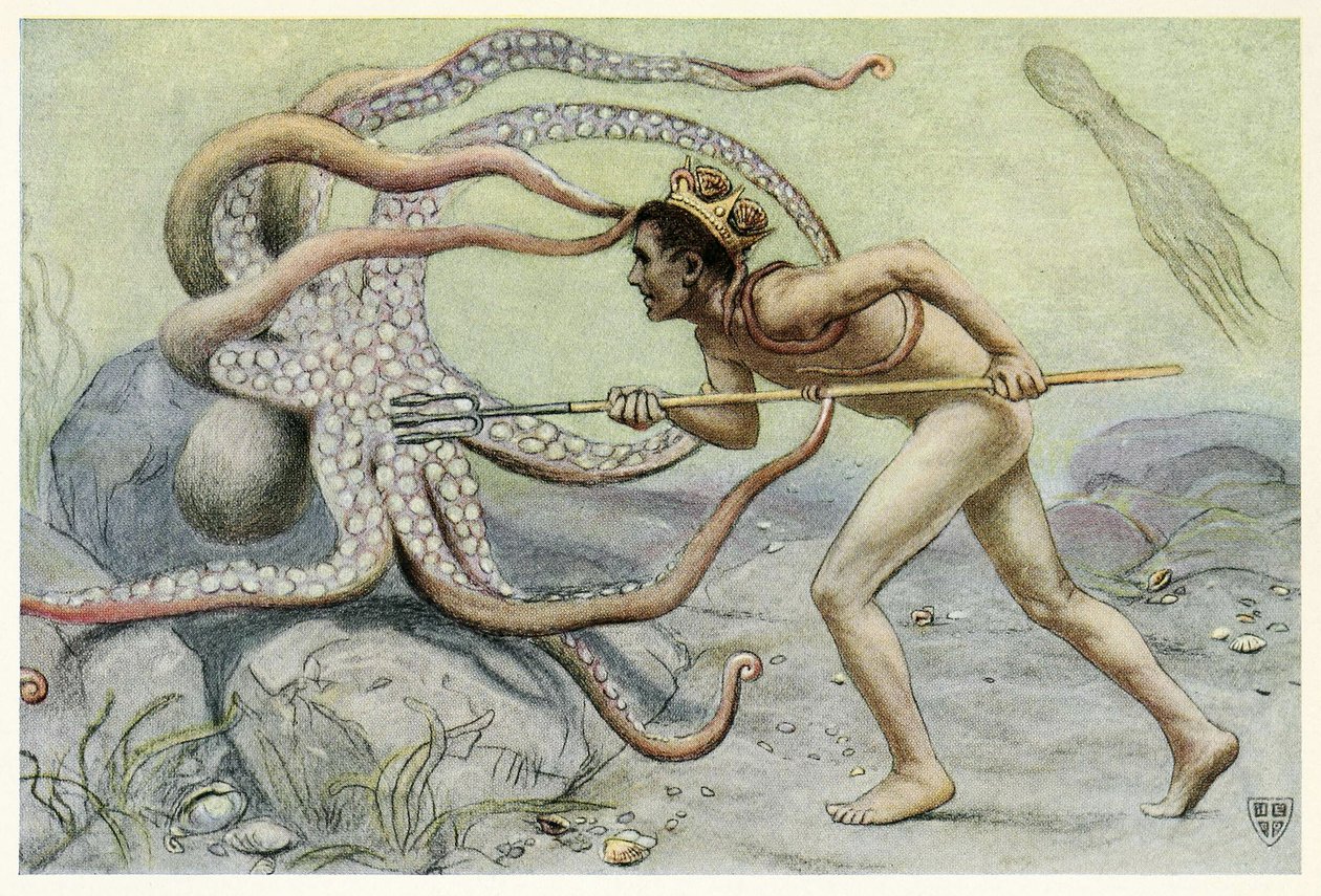 Han var väldigt modig och stark, ? och kämpade med den stora bläckfisken från The Great Sea Horse, pub. 1909 av John Elliot
