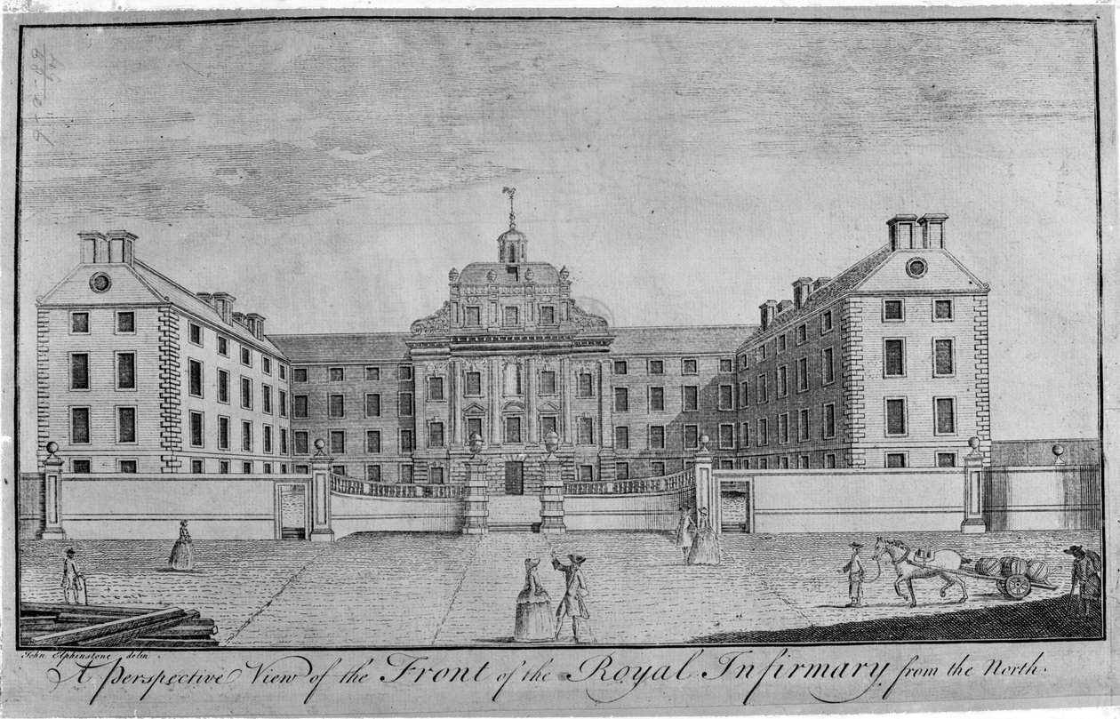 En perspektivvy av fronten av Royal Infirmary från norr, c.1746 av John Elphinstone