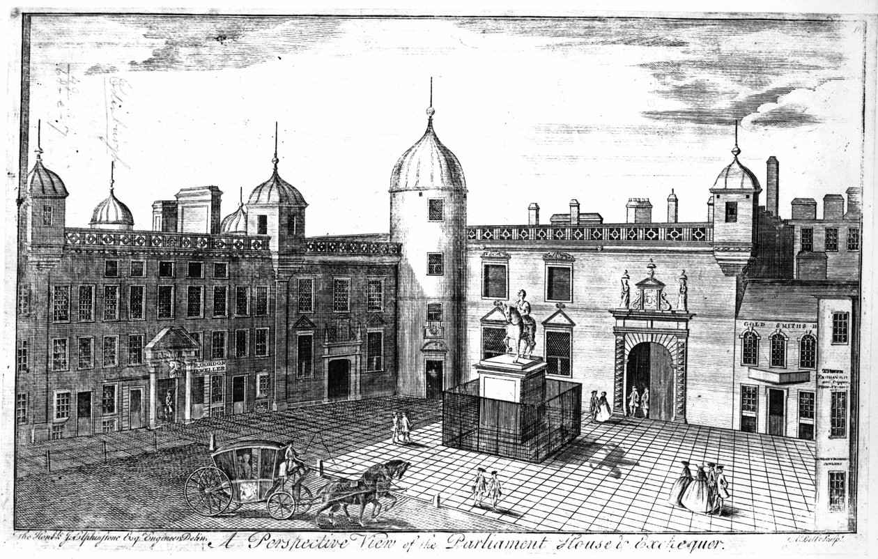 A Perspective View of Parliament House and Exchequer, Edinburgh, indgraveret af A. Bell swed av John Elphinstone
