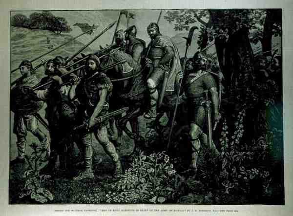 Design för Windsor Tapestry: Men of Kent Marching in Front of Army of Harold, från The Illustrated London News, 29 april 1882 av John Evan Hodgson