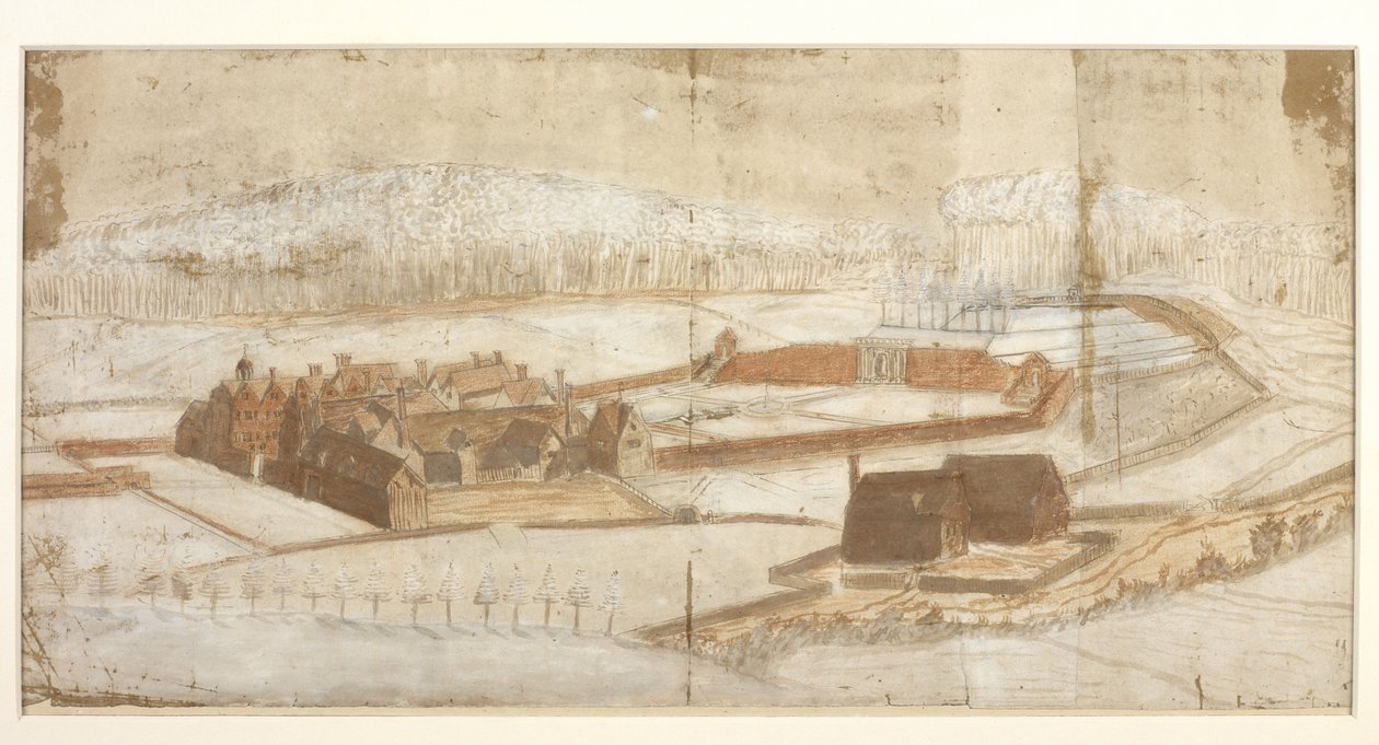 Lägg till. 78610.(h) Utsikt över Wotton med trädgården, grottan och omgivningarna från det västra hörnet, ca 1650 (penna & bläck med krita & tvätt) 215 x 435 mm  John Evelyn  1650-talet? av John Evelyn