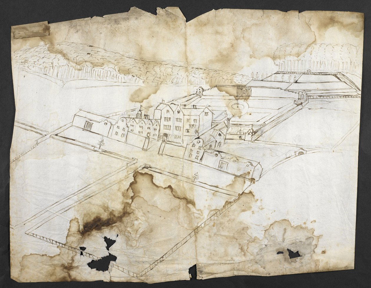 Lägg till. 78610 (i) Prospect of Wotton med trädgården, grottan och omgivningarna från nordväst, ca 1650 (penna och bläck på papper) av John Evelyn