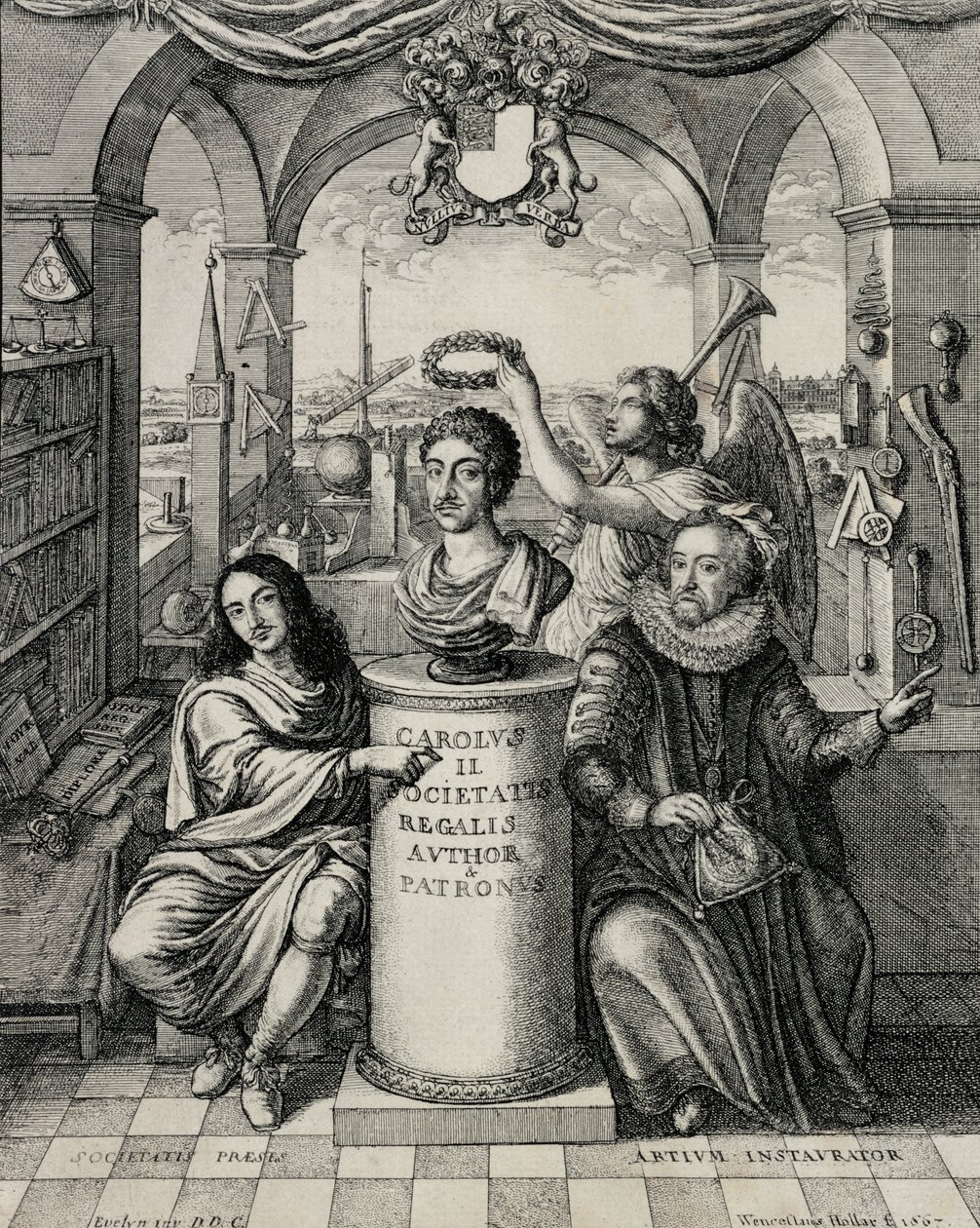 Karl II (1630-85) som beskyddare av Royal Society, graverad av Wenceslaus Hollar (1607-77) 1667 av John Evelyn