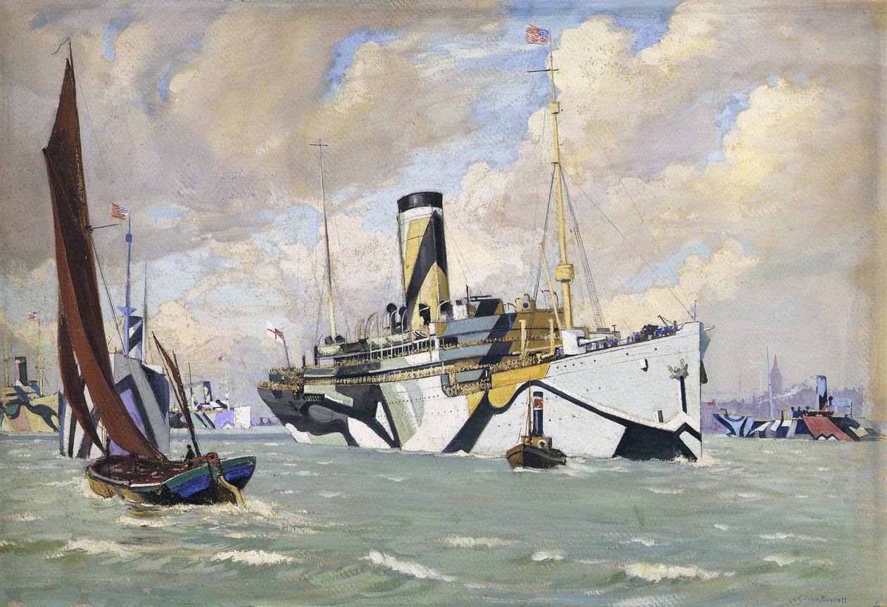 En beväpnad hjälpkryssare som förde en konvoj med amerikanska trupper in i Themsen (England) av John Everett