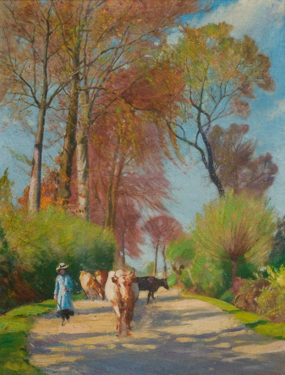 Country Lane med figur och ko (olja ombord) av John Everett