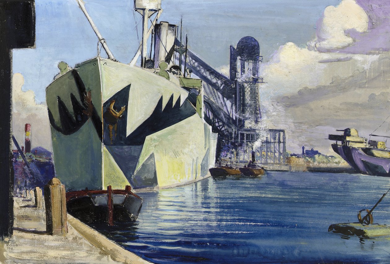 Dock Canada i Liverpool, med ett förankrat örlogsfartyg, målat med färgglatt kamouflage. Målning av Herbert Barnard John Everett (1876-1949) av John Everett