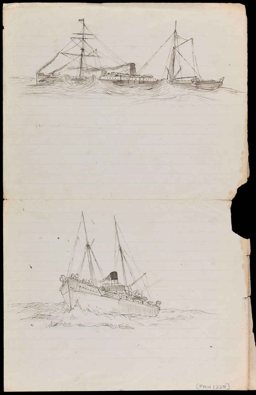 PAH1228; Skisser av ett slagskepp och två andra fartyg från Royal Navy (teckning) av John Everett