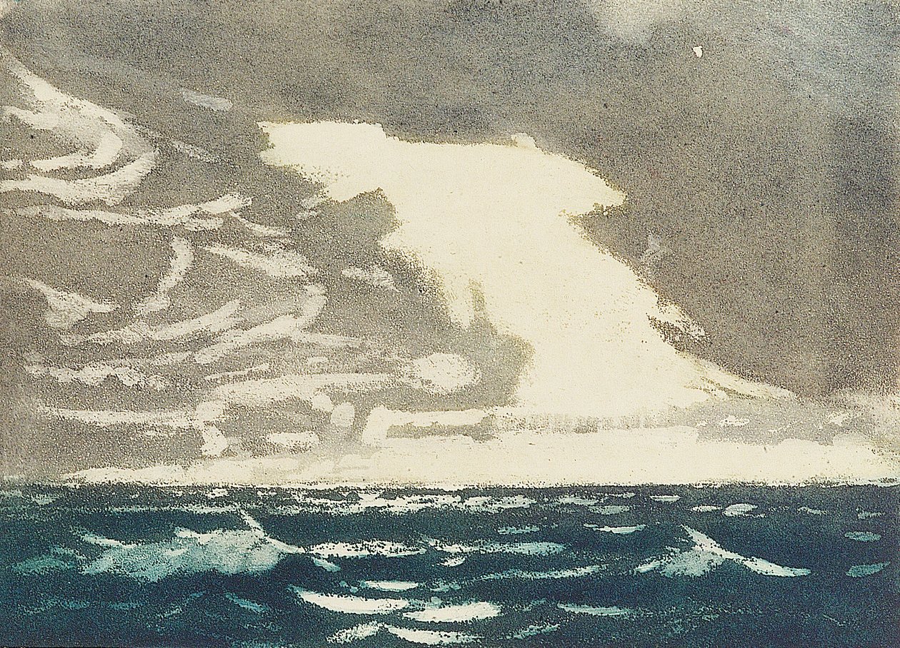 Havslandskap - grönt hav och stormig blågrå himmel 2, 1900-talet (färgad akvatint) av John Everett