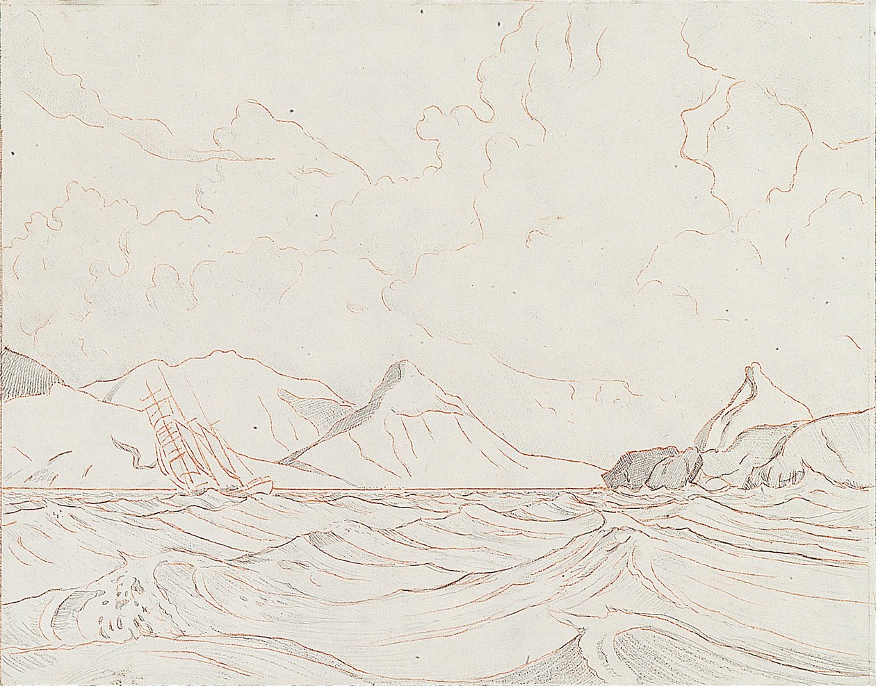 Havslandskap med fartyg som passerar land (1), tidigt 1900-tal (grafit, brun krita) av John Everett
