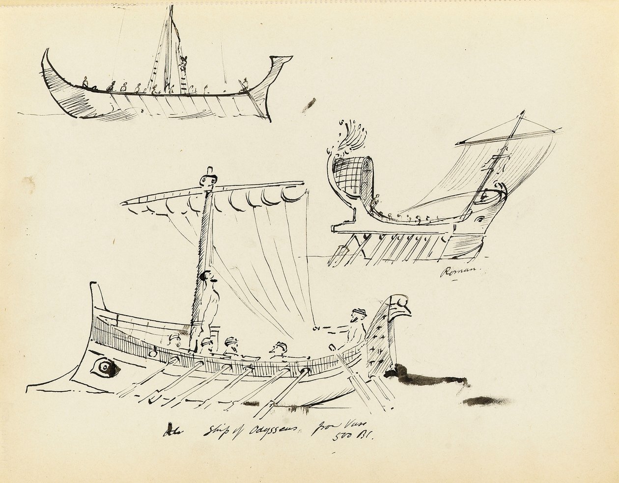 Skisser av tidiga fartyg, bl.a. ett romerskt fartyg med segel och åror och Odysseus skepp, 500 f.Kr (från en vas), tidigt 1900-tal (penna, svart bläck) av John Everett