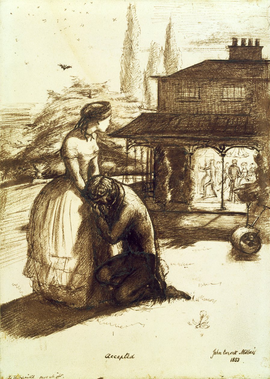 Godkänd, 1853 (penna och brunt bläck på papper) av John Everett Millais