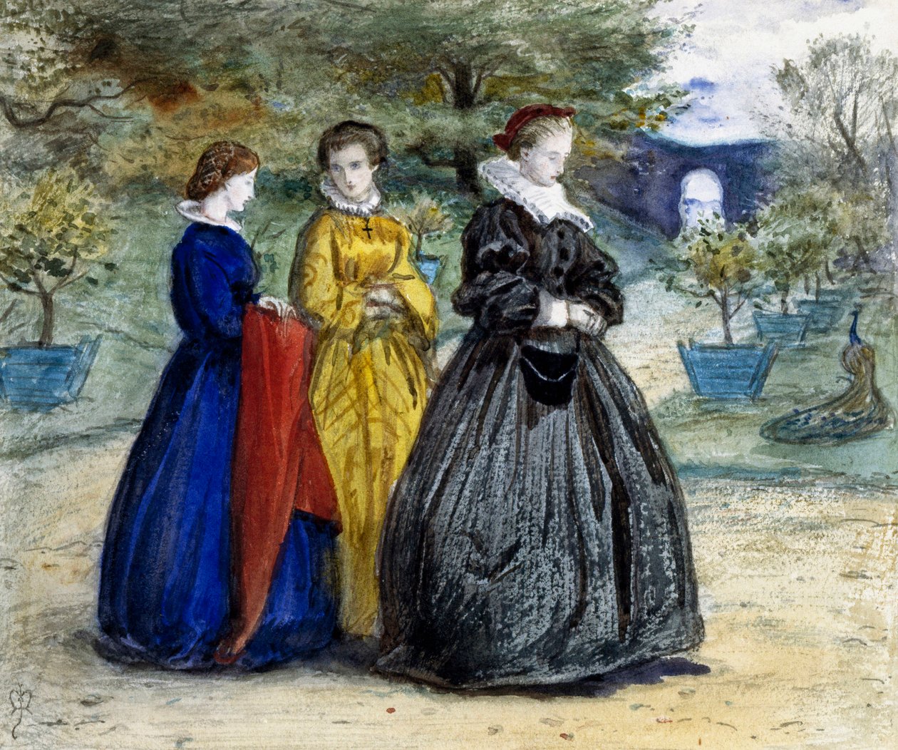 "Mary Queen of Scots" Drottning Maria Stuart (1542-1587) eller Maria I av Skottland och hennes följe. Målning av John Everett Millais (1829-1896) (prerafaelit) av John Everett Millais