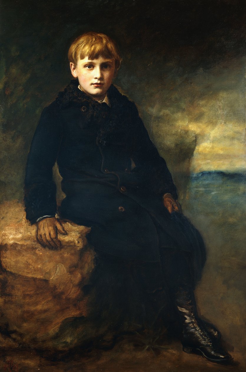 Porträtt av Cecil Webb, sittande i full längd, iklädd en svart kappa med pälskrage, 1887 av John Everett Millais