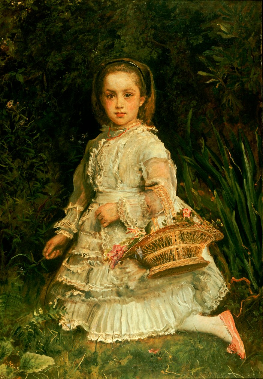 Porträtt av Gracia, full längd, iklädd en vit klänning, plockar vilda blommor av John Everett Millais