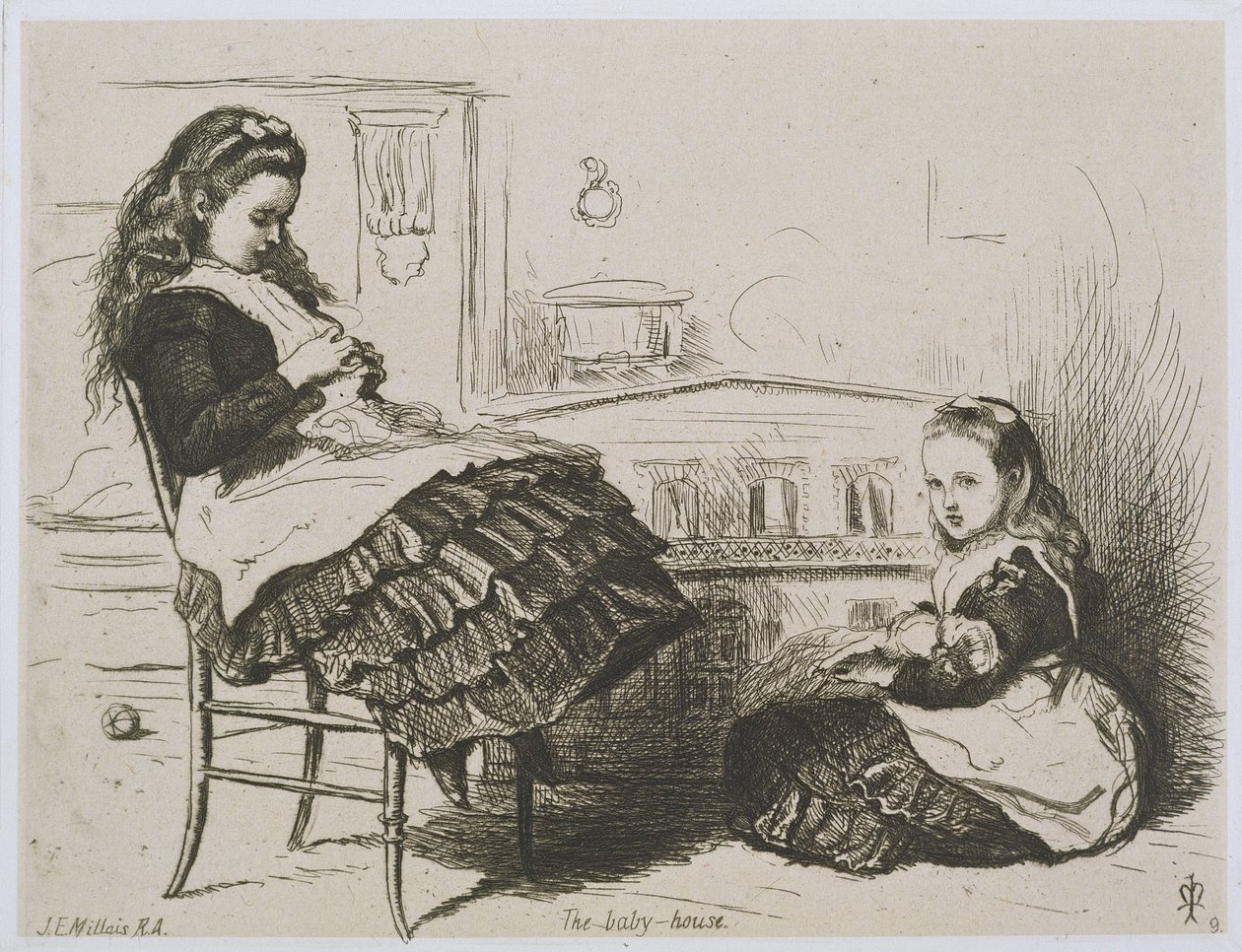 The Baby House, nummer 9 ur en serie etsningar för Art Union of London av Etching Club (etsning på indiskt provtryckspapper med ett underlag av vävpapper) av John Everett Millais