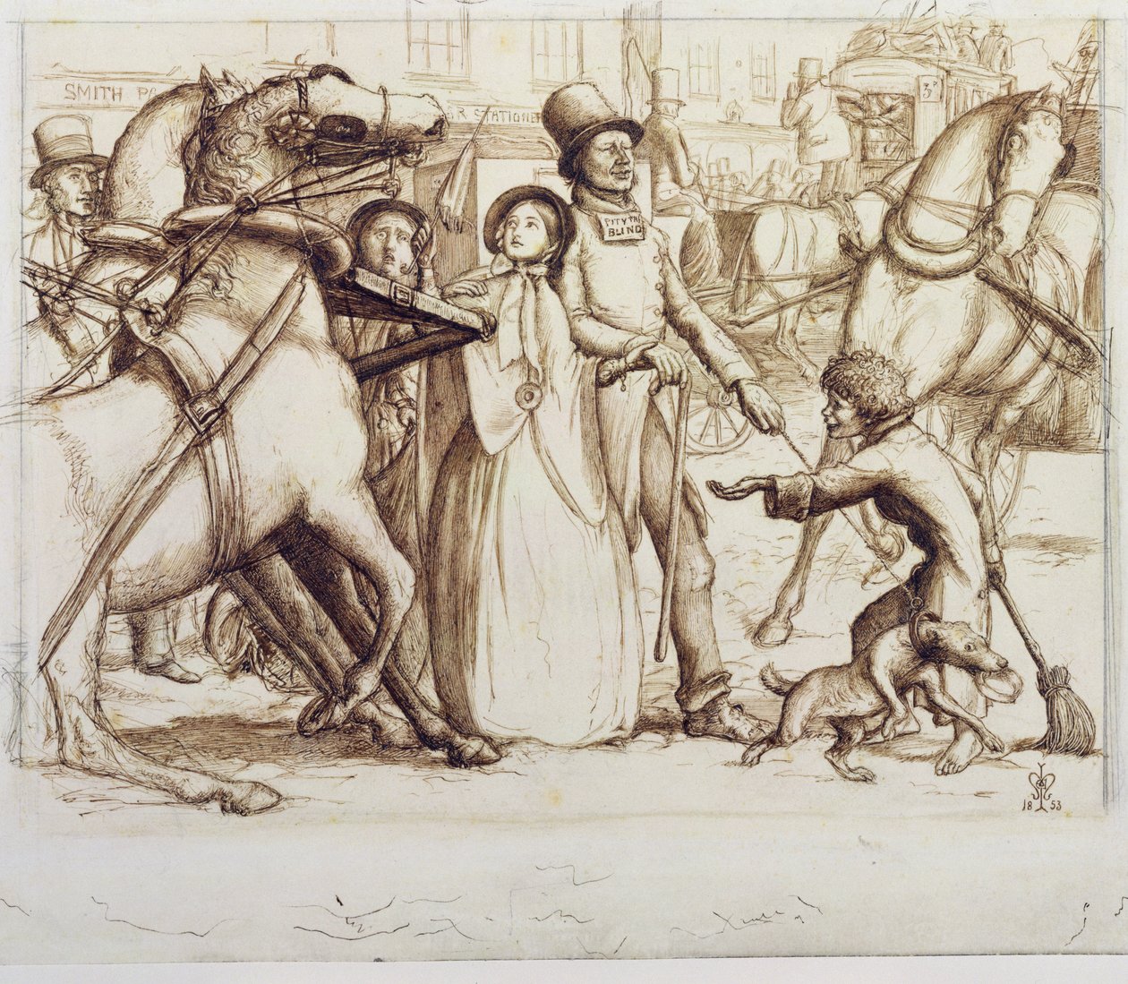 The Blind Man, 1853 (penna, bläck, tvätt och grafit på vävt papper) av John Everett Millais