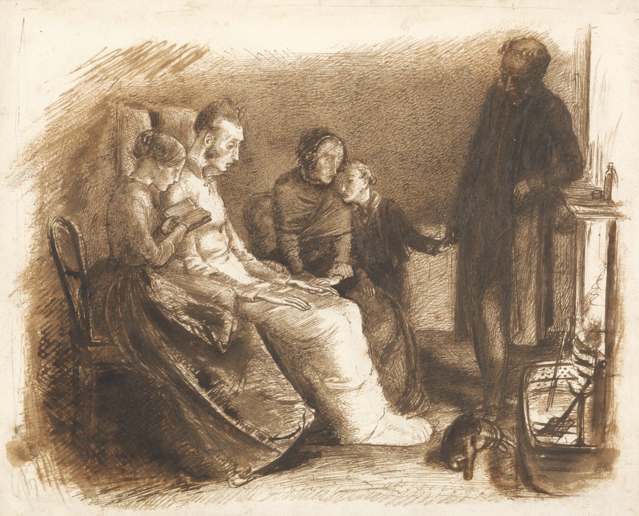 The Dying Man, ca 1853 (penna och pensel & brunt bläck på papper) av John Everett Millais