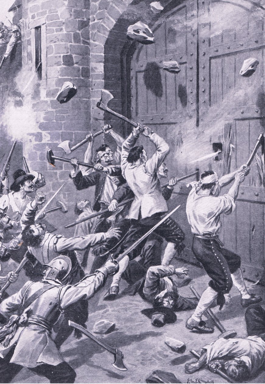 Plundringen av Dundee 1 september 1651: Engelska sjömän attackerar Wellgate Port, illustration från 