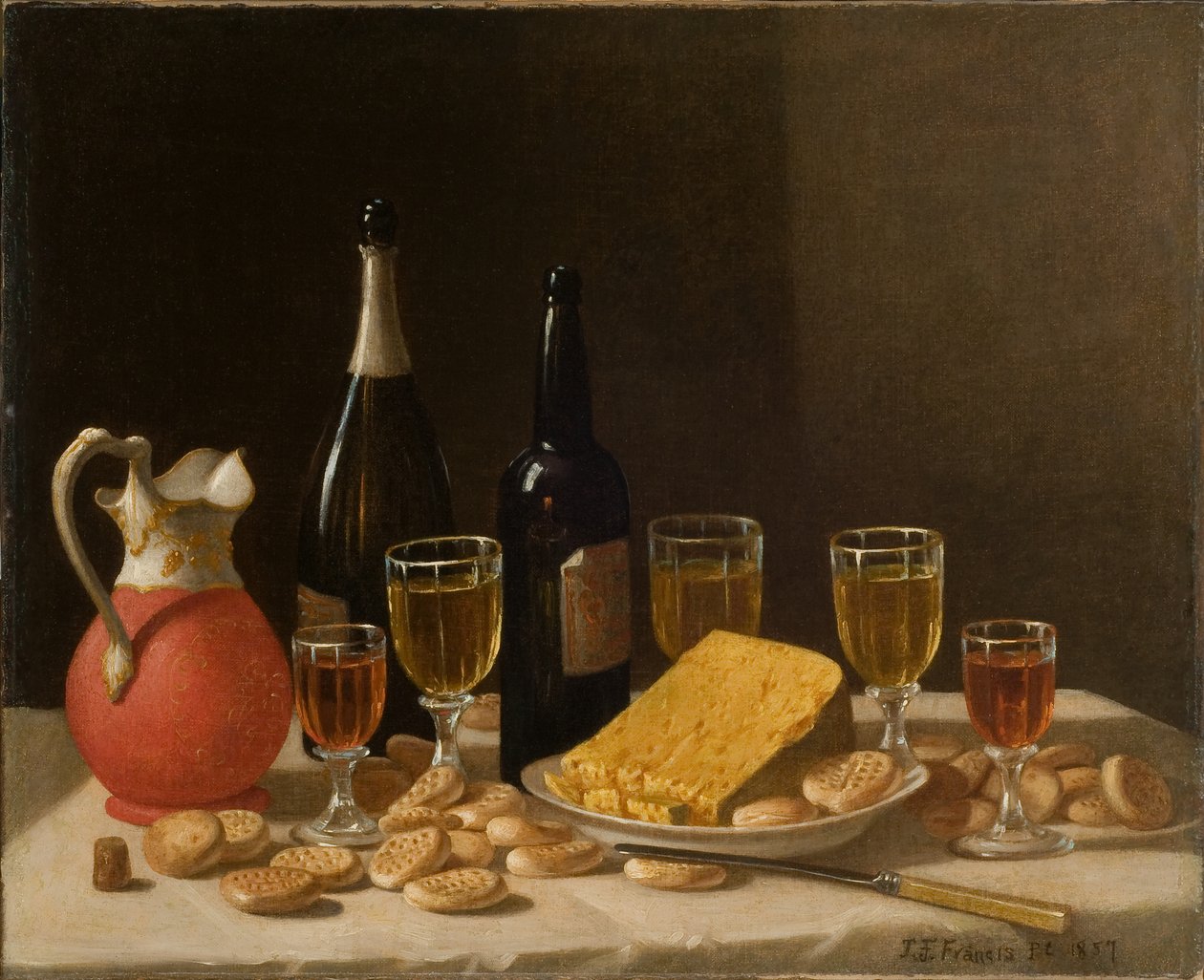 Stilleben med flaskor, vin och ost 1857 (Olja på duk) av John F. Francis