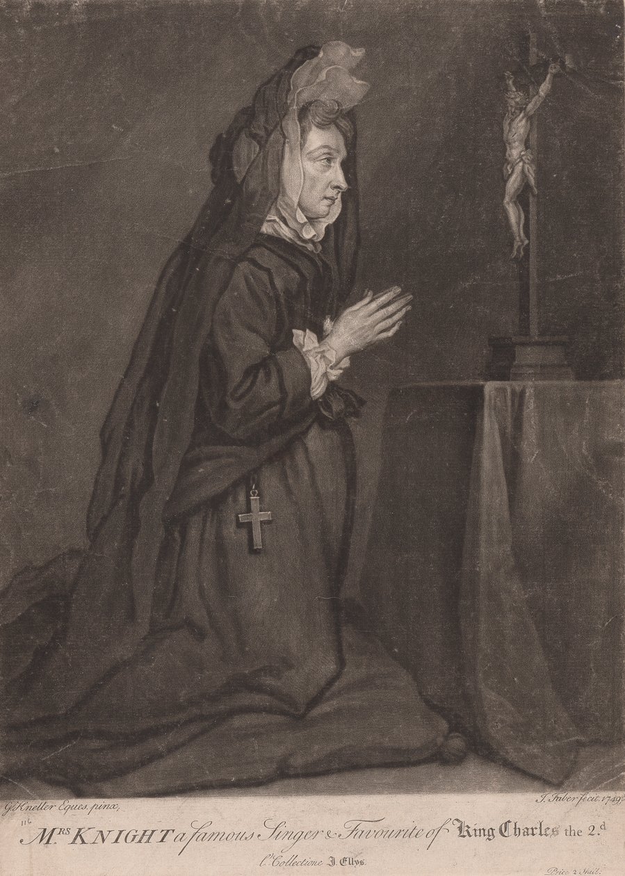 Mrs. Knight en känd sångerska och favorit hos kung Charles II av John Faber the younger