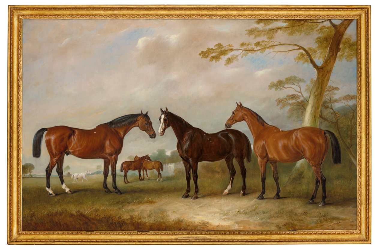 Intrepid, Conqueror och Bay Bolton med Silkman och Darnley bortom i ett landskap av John Ferneley