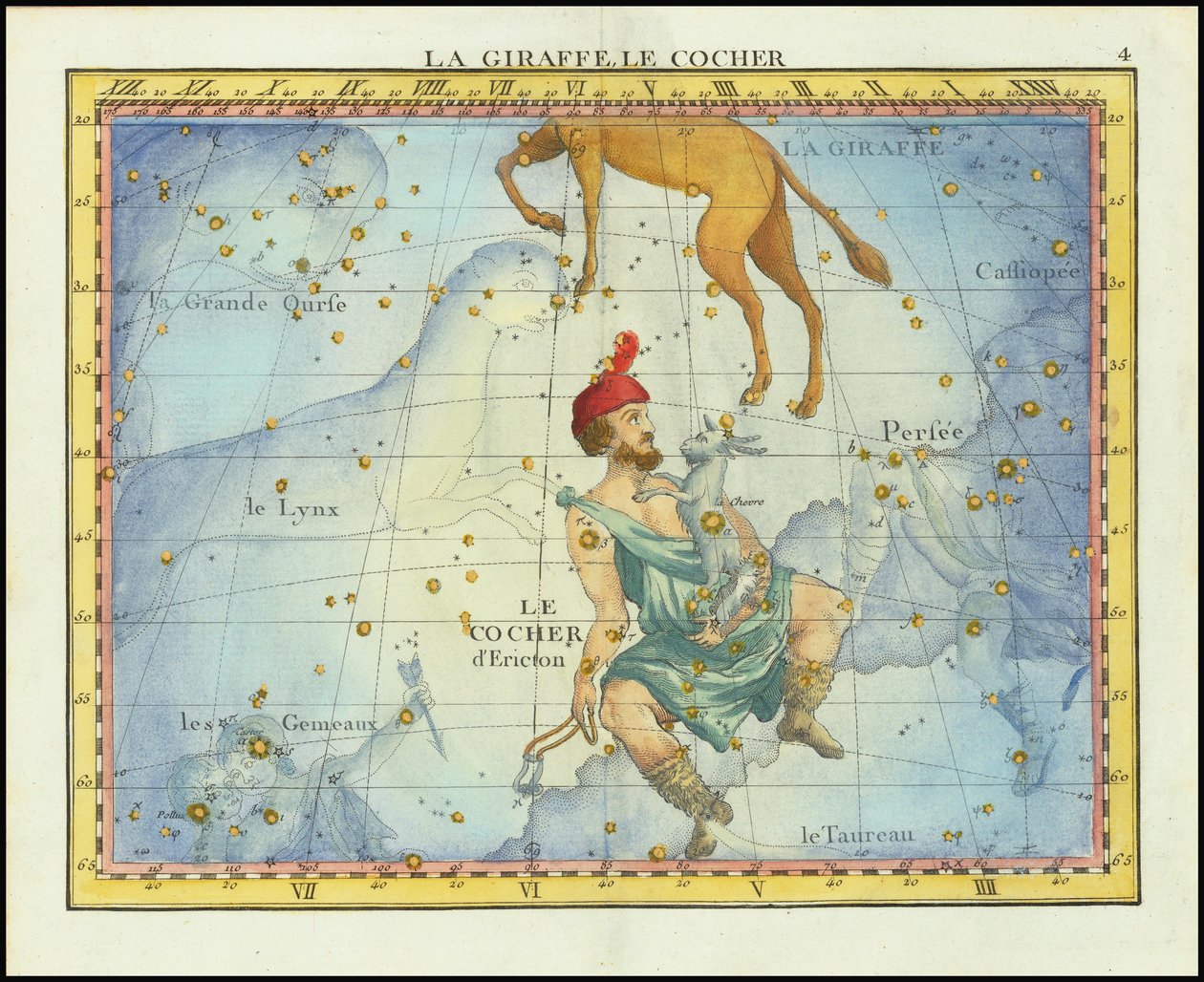 1776 års stjärnkarta över konstellationerna Camelopardal  Auriga och angränsande konstellationer, från Fortin