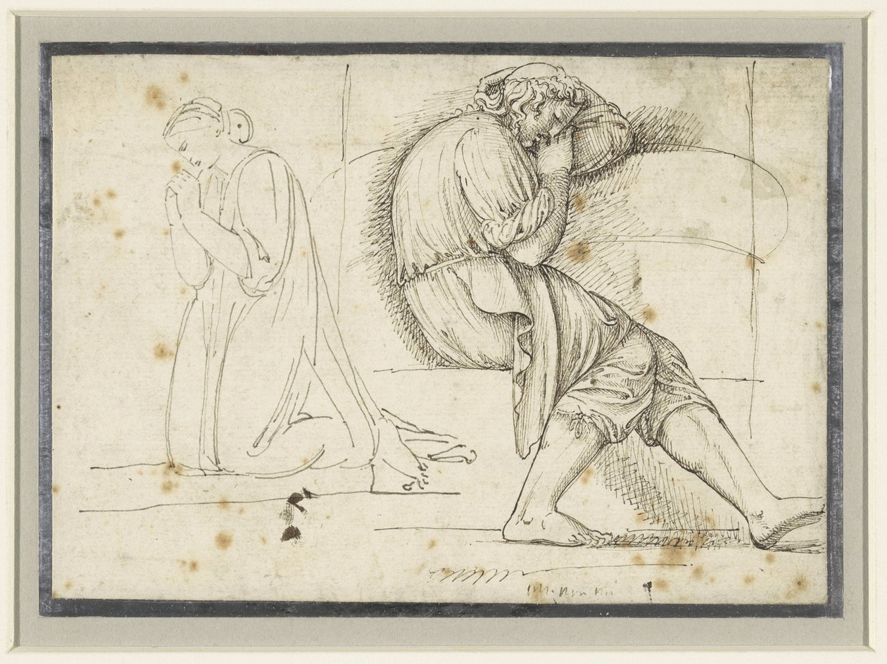 Studieblad med en sovande ung man och en knästående bedjande kvinna av John Flaxman (II)