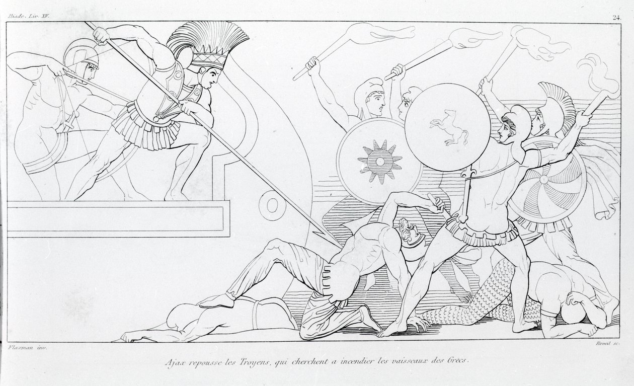 Ajax stöter bort trojanerna som försöker bränna de grekiska skeppen. Teckning av John Flaxman (1755 - 1826). Homeros Iliaden. Sång XV. av John Flaxman