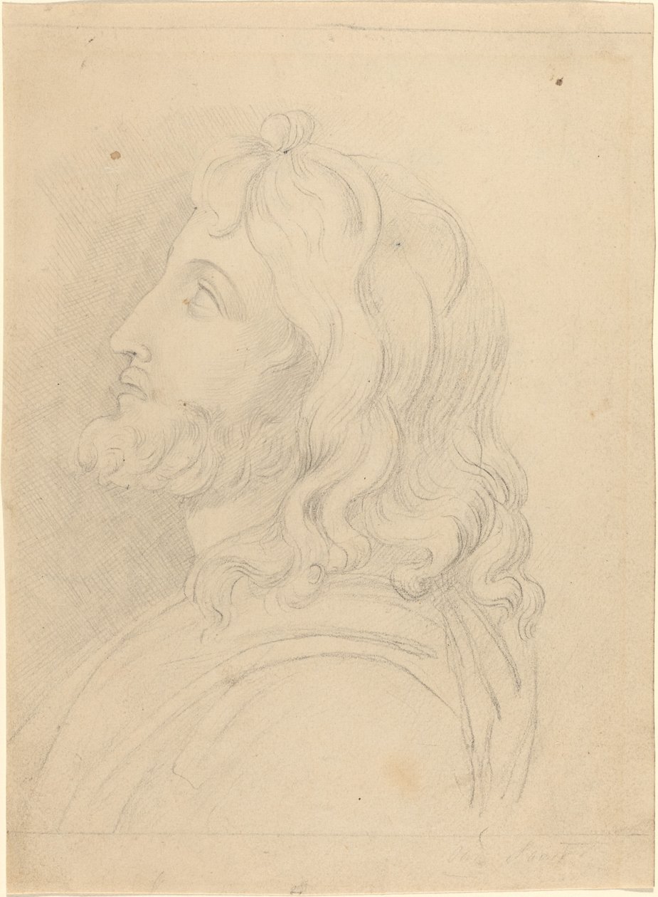 Byst av en skäggig man som tittar upp av John Flaxman
