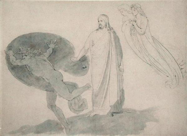 Get Thee Behind Me, Satan, c.1783-87 (penna, penna, bläck och tvätt på papper) av John Flaxman