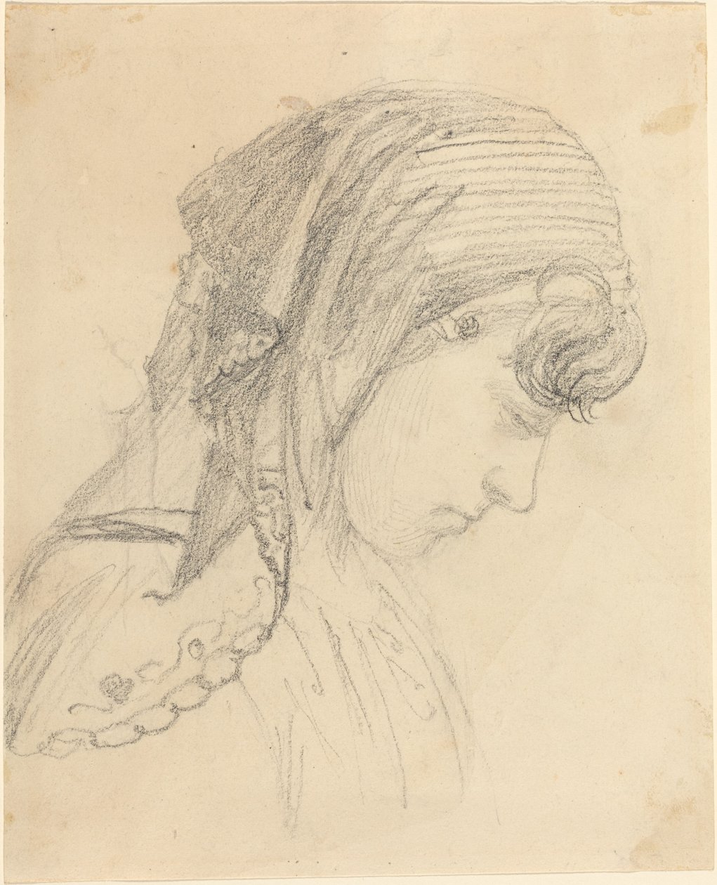 Huvudet av en kvinna i en halsduk, tittar ner av John Flaxman