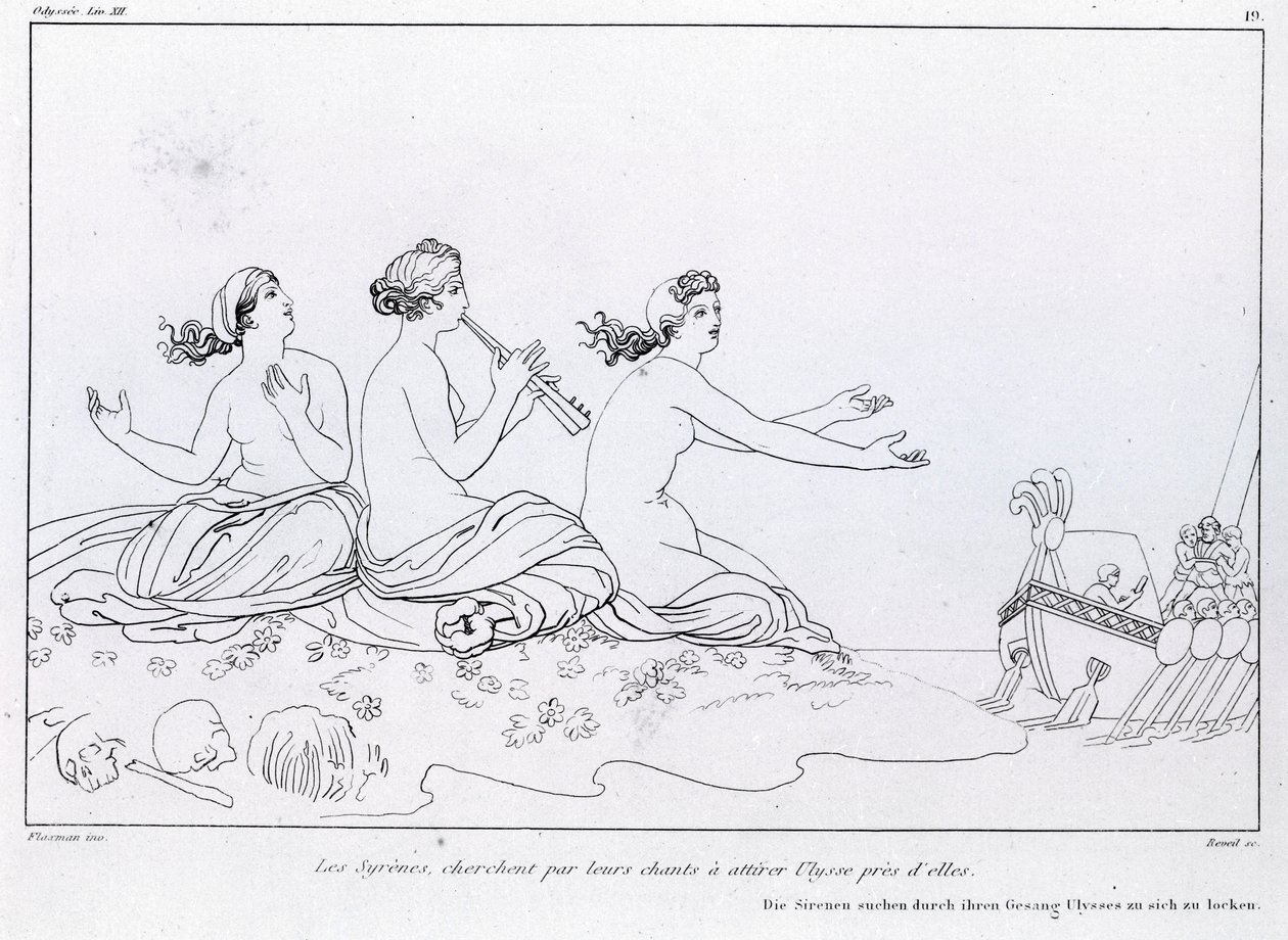 Sjöjungfrur försöker med sin sång att locka till sig Ulysses. Teckning av John Flaxman (1755 - 1826). Homeros Odyssey. Sång XII. av John Flaxman
