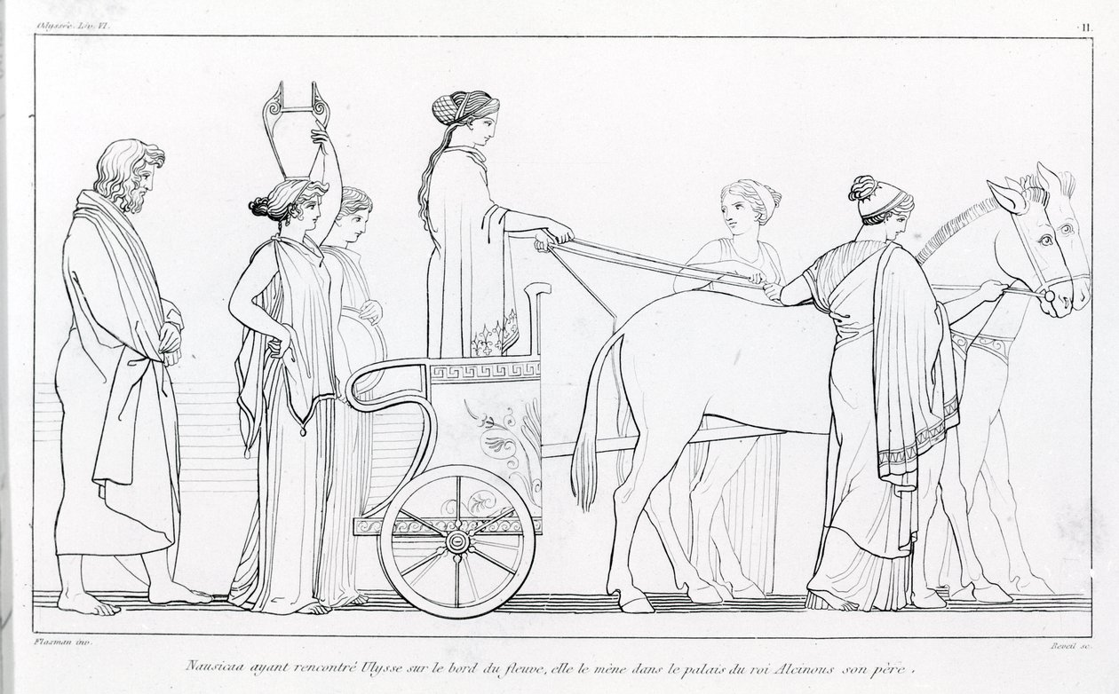 Nausicaa, som precis träffat Ulysses, tar honom tillbaka till sin fars palats, kung Alkinoos. Teckning av John Flaxman (1755 - 1826). Homeros Odyssey. Sång VI. av John Flaxman