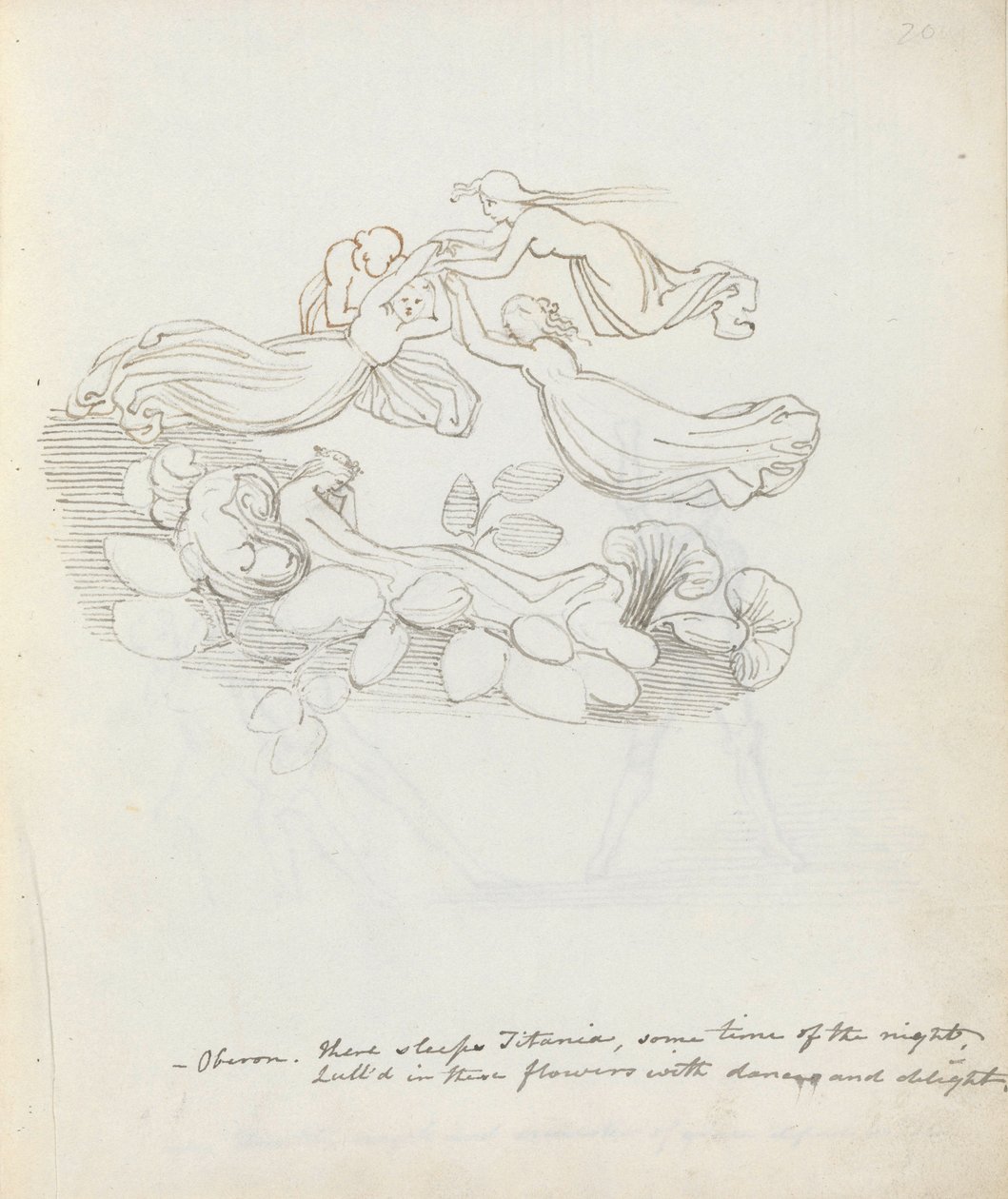 Oberon. Där sover Titania, någon gång på natten..., 1783 (penna, bläck & tvätt på papper) av John Flaxman