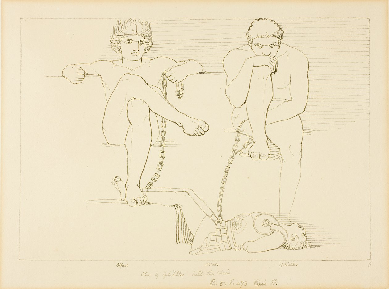 Othus och Ephialtes håller Ares fången av John Flaxman