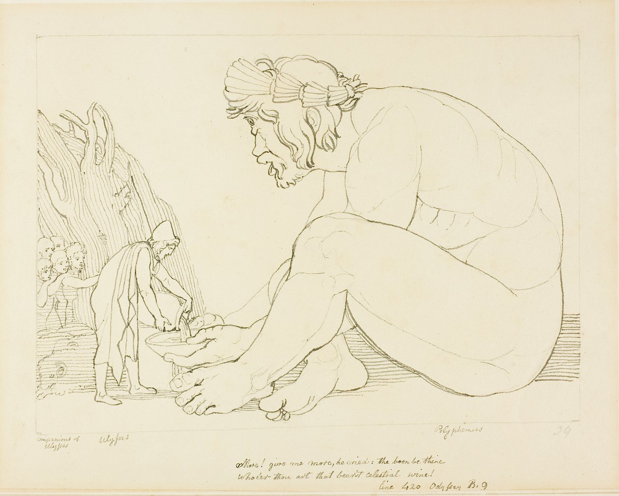 Polyfemos ber Odysseus om mer vin av John Flaxman