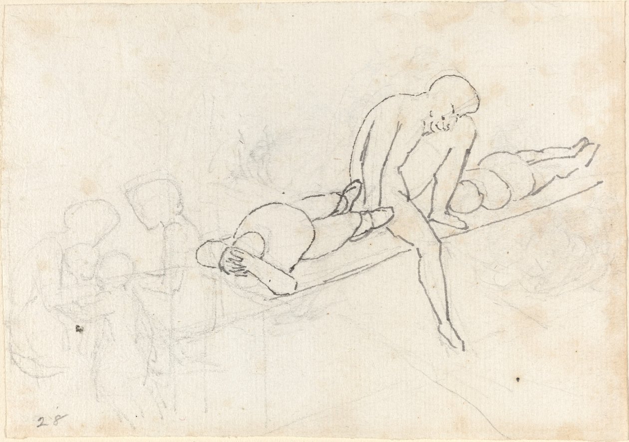 Sittande man flankerad av två liggande figurer; En samling figurer i det nedre vänstra hörnet av John Flaxman